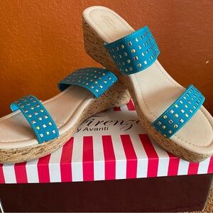 Avanti Blue Wedge Sandals with Perforated Straps